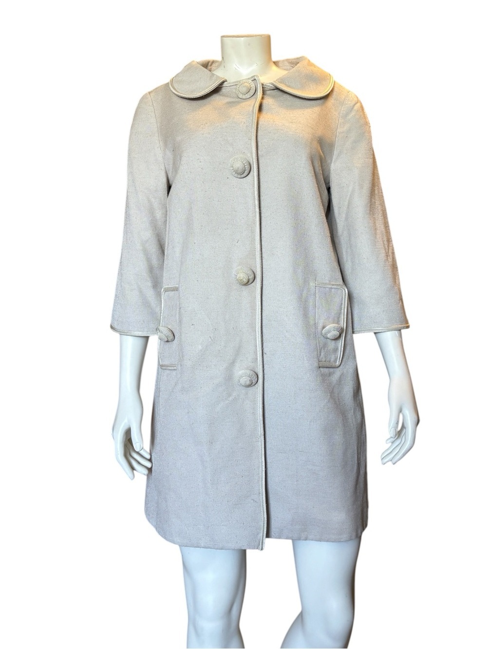 Vintage Andrew GN 100% Silk Champagne Ivory Peter Pan Collar Coat Size 40/ Small